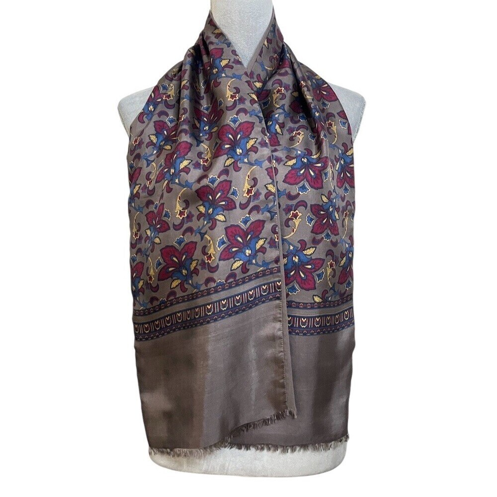 100% Silk Wool Reversible Floral Scarf Cocktail Cozy Comfy Fall Italy Fringe